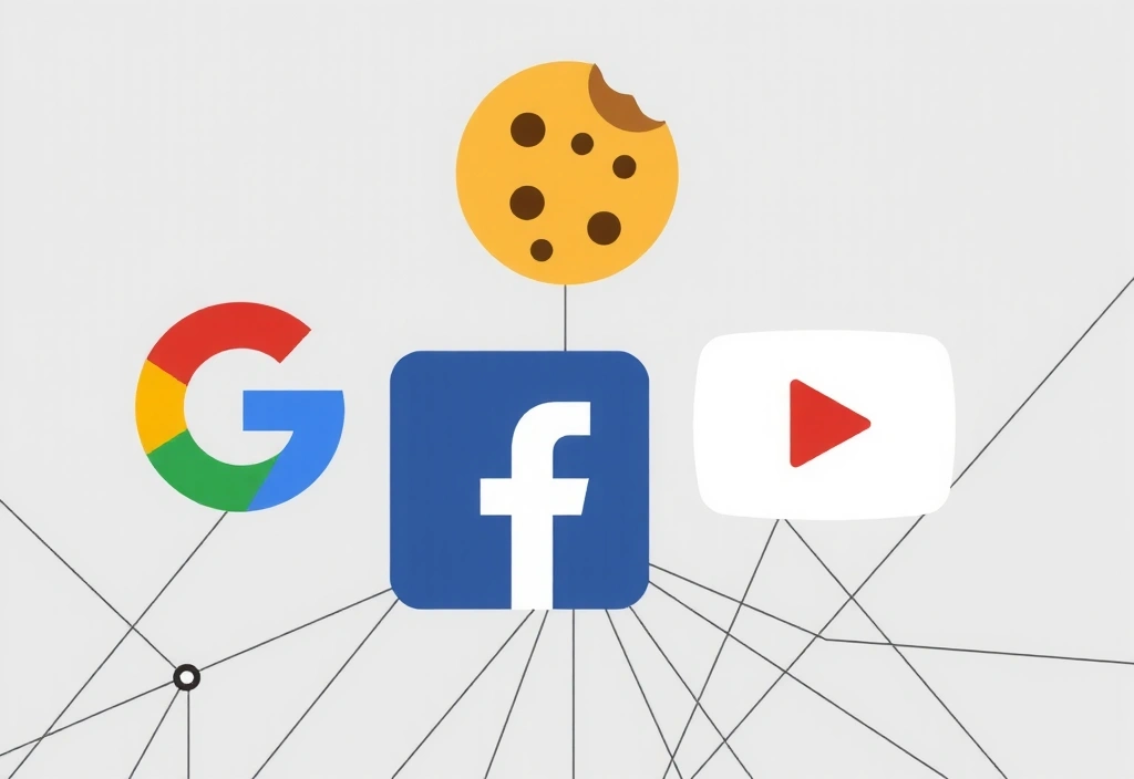 Ilustrație cu logo-uri de servicii terțe precum Google, Facebook, YouTube