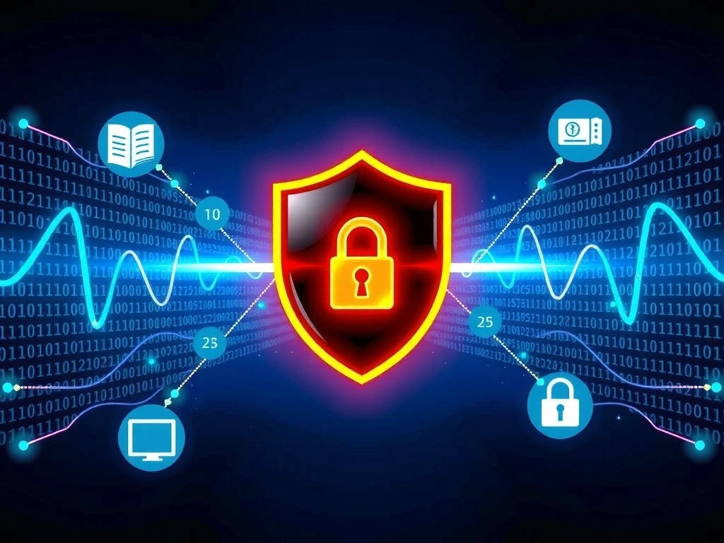 Ilustrație cu simboluri de securitate digitală și protecția datelor