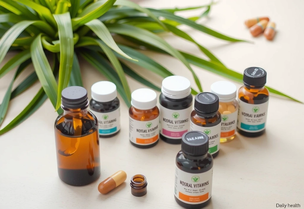 O selecție de vitamine și suplimente naturale, aranjate estetic pe o suprafață din lemn, cu plante verzi în fundal