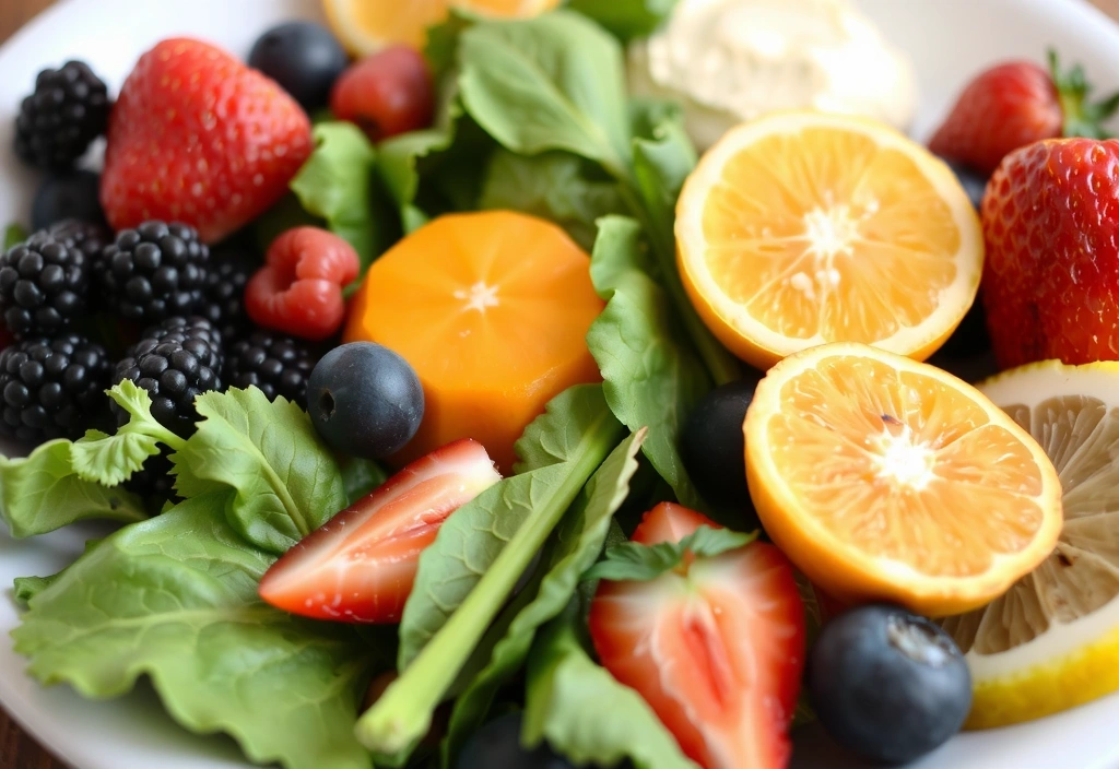 O farfurie plină cu fructe proaspete și legume colorate, simbolizând o dietă echilibrată