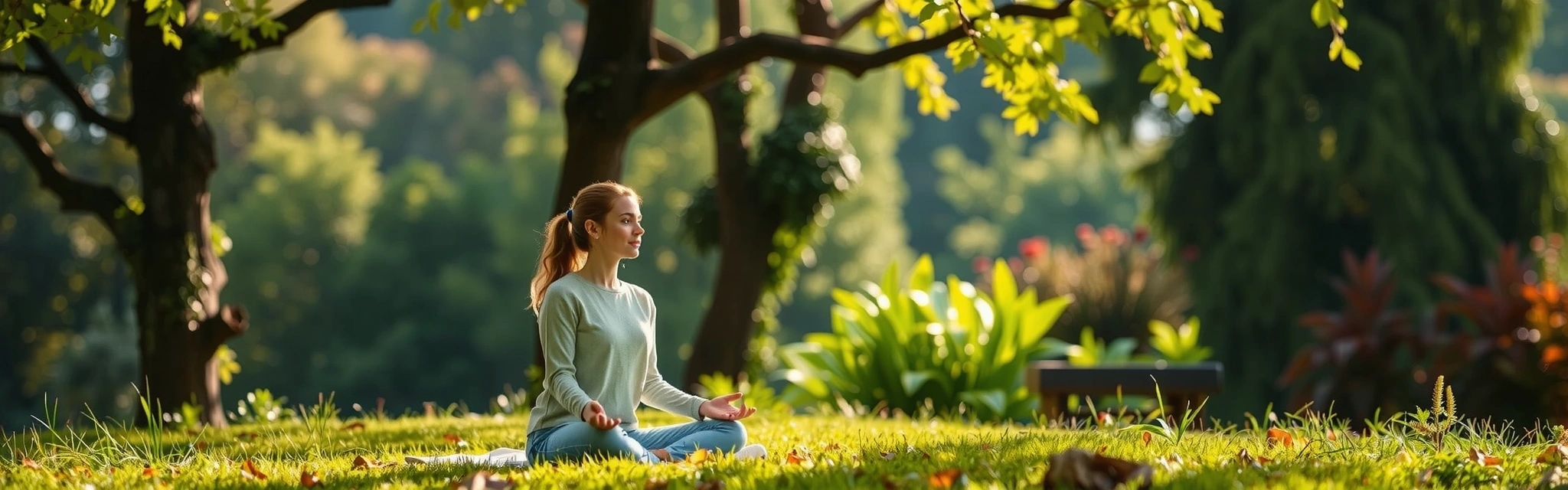 Persoană meditând seren în natură, simbolizând echilibrul și sănătatea
