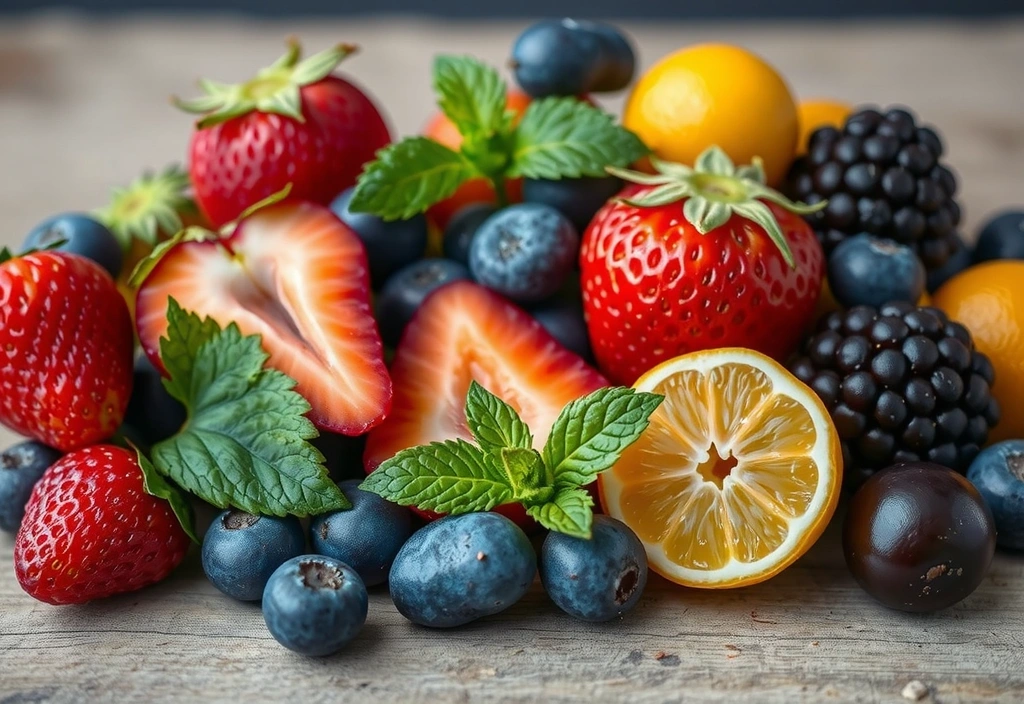 Fructe de pădure vibrante și alte alimente bogate în antioxidanți aranjate artistic.