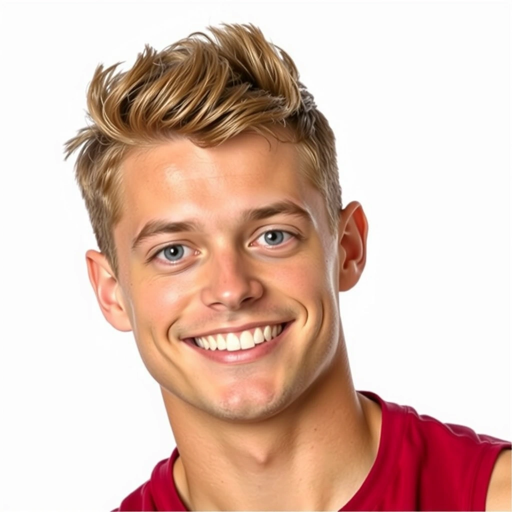 Portretul unui bărbat tânăr, activ, cu un zâmbet încrezător și un aspect atletic.