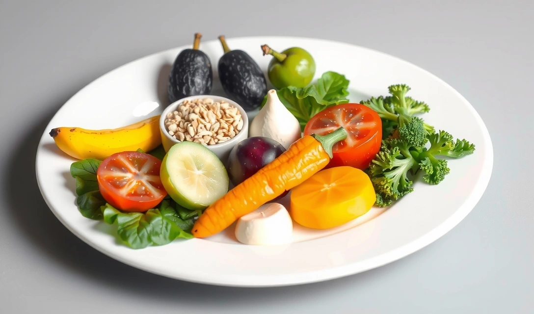 O farfurie plină cu o selecție diversă de alimente sănătoase, inclusiv legume, fructe și cereale