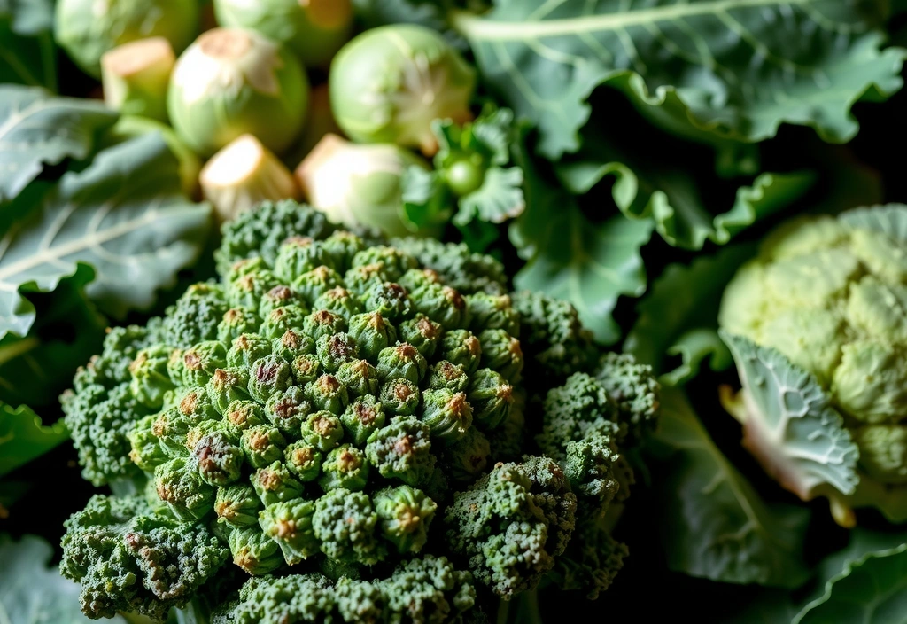 Verdețuri cu frunze închise la culoare și legume crucifere
